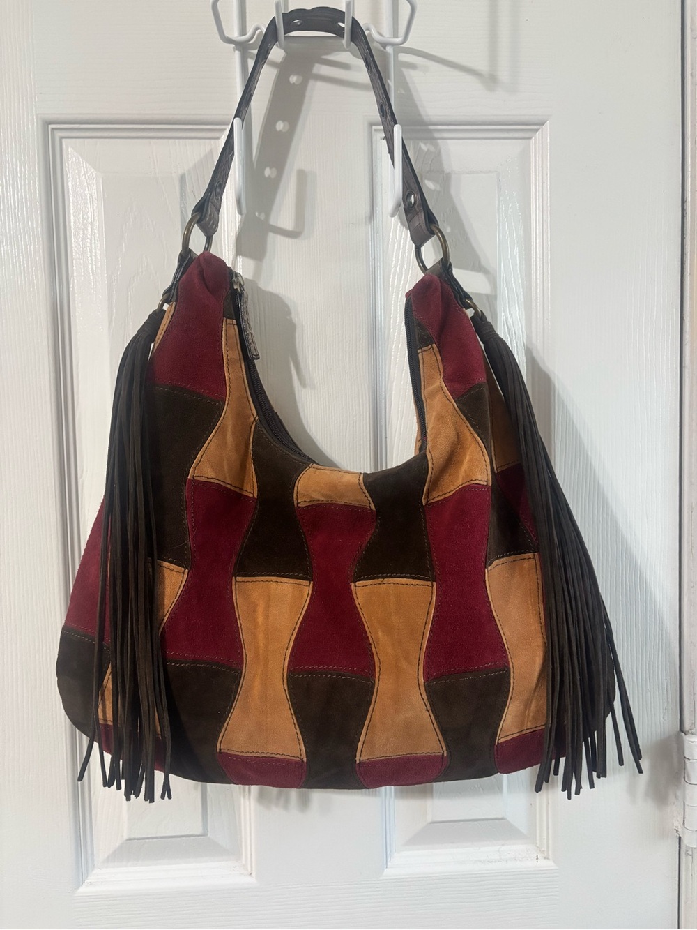 Boho patchwork fringe suede hobo shoulder bag - Y2K